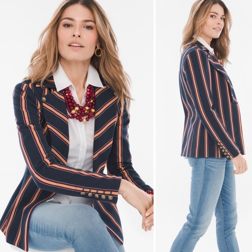 Chico’s Striped Twill Ponte Blazer Jacket Navy Red Yellow Gold | Size 1P (8P)